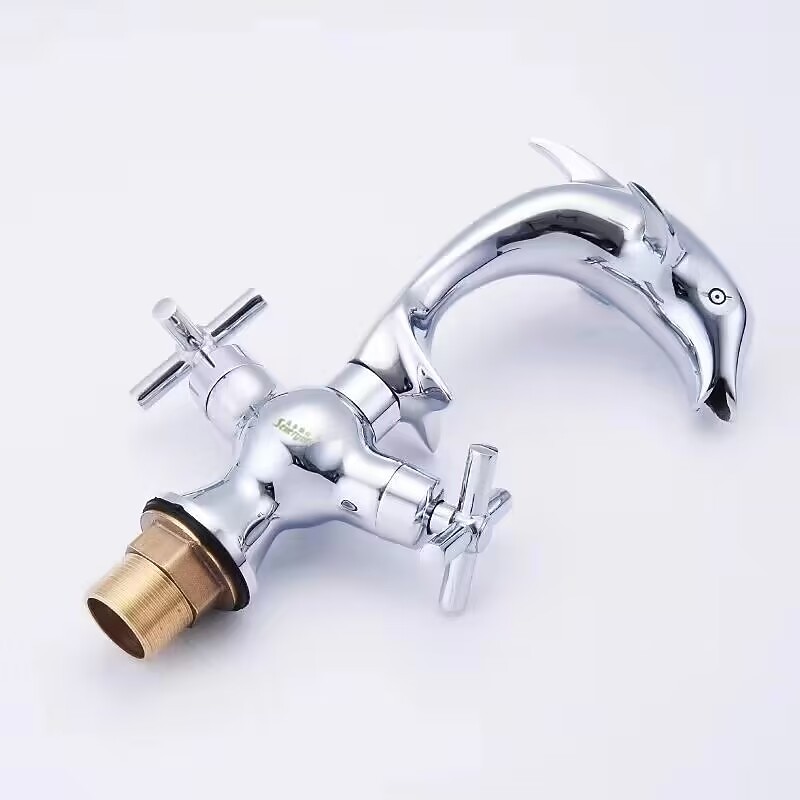 Bathroom Faucet Bath Shower Taps Copper Dolphin Style Basin Faucet Double Handle Bathroom Dual Hole Mixers Hot And Cold Water Chrome Polished Deck Mounted3