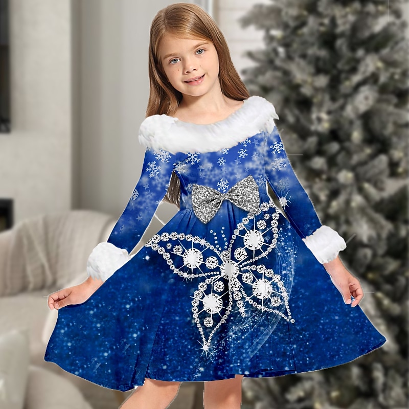 Kids Girls' Dress Snowflake Dress Animal Butterfly Long Sleeve Casual Fur Trim Crewneck Adorable Daily Polyester Above Knee Casual Dress Swing Dress A Line Dress Fall Winter 3-10 Years Yellow Red3
