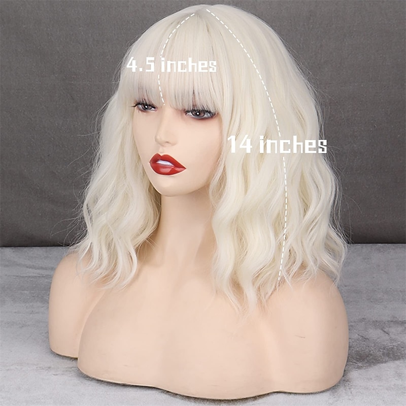 Short Platinum Blonde Wigs for Women White Blonde Wavy Wig with Bangs Synthetic Medium Length Platinum Wavy Bob Wig for Daily Use2