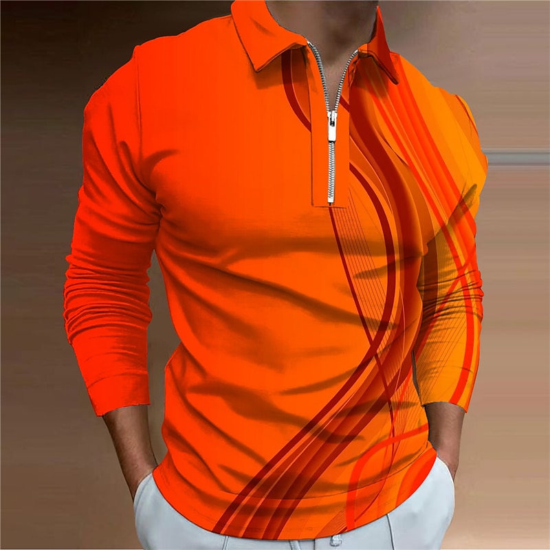 Men's Geometric Zip Polo Shirts Golf Shirt Long Sleeve Polo Shirts Collared Shirts Business Casual Vacation Wear Formal Wear Festival Wear 3D Print Quarter Zip Polo Yellow Blue Purple