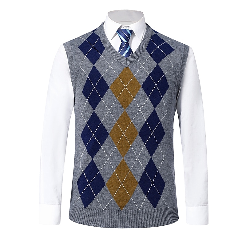 Men's Sweater Vest Dress Sweater Stylish Vintage Style Color Block Argyle Ribbed V Neck Patchwork Knitted Braided Drop Shoulder Sleeveless Knit Christmas Home Work Red Navy Blue Spring Fall