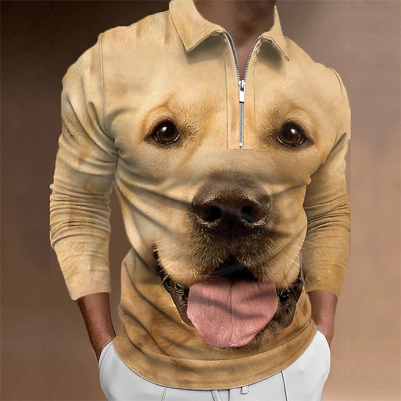 Men's Dog Zip Polo Shirts Golf Shirt Long Sleeve Polo Shirts Collared Shirts Casual Funny Streetwear Vacation Wear Party Outfits 3D Print Quarter Zip Polo Black Yellow Black / Brown