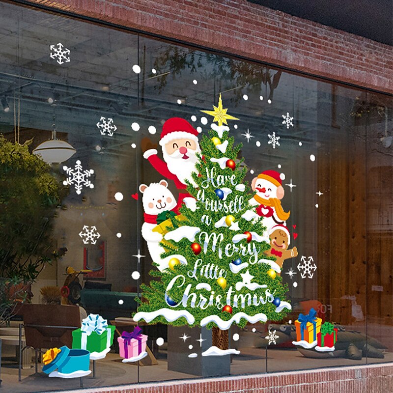 Large Double Side New year Merry Christmas Window Stickers  Christmas Decorations for Home Santa Wall Sticker Decals Xmas Party Navidad Decor Removable Shopping Mall Glass Window Decoration Stickers