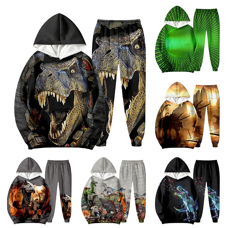 2 Pieces Kids Boys Hoodie & Pants Outfit Animal Dinosaur Long Sleeve Set Casual Cool Daily Winter Fall 7-13 Years Black Blue Orange