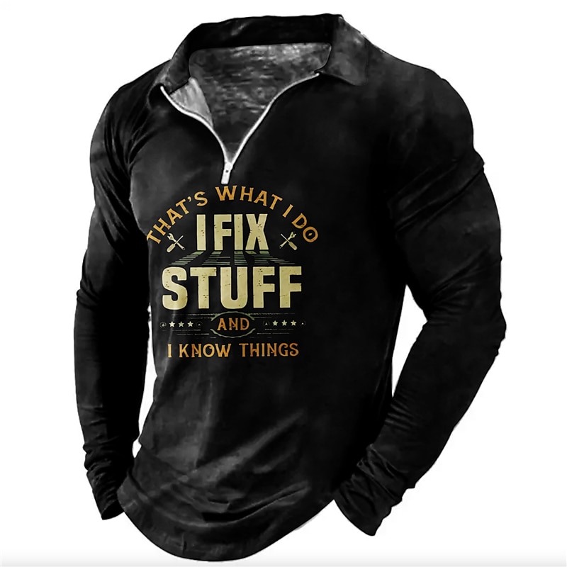 Men's Funny I Fix Stuff Zip Polo Shirts Golf Shirt Long Sleeve Polo Shirts Collared Shirts Vintage Casual Streetwear Festival Wear Party Outfits 3D Print Quarter Zip Polo Black Wine Blue