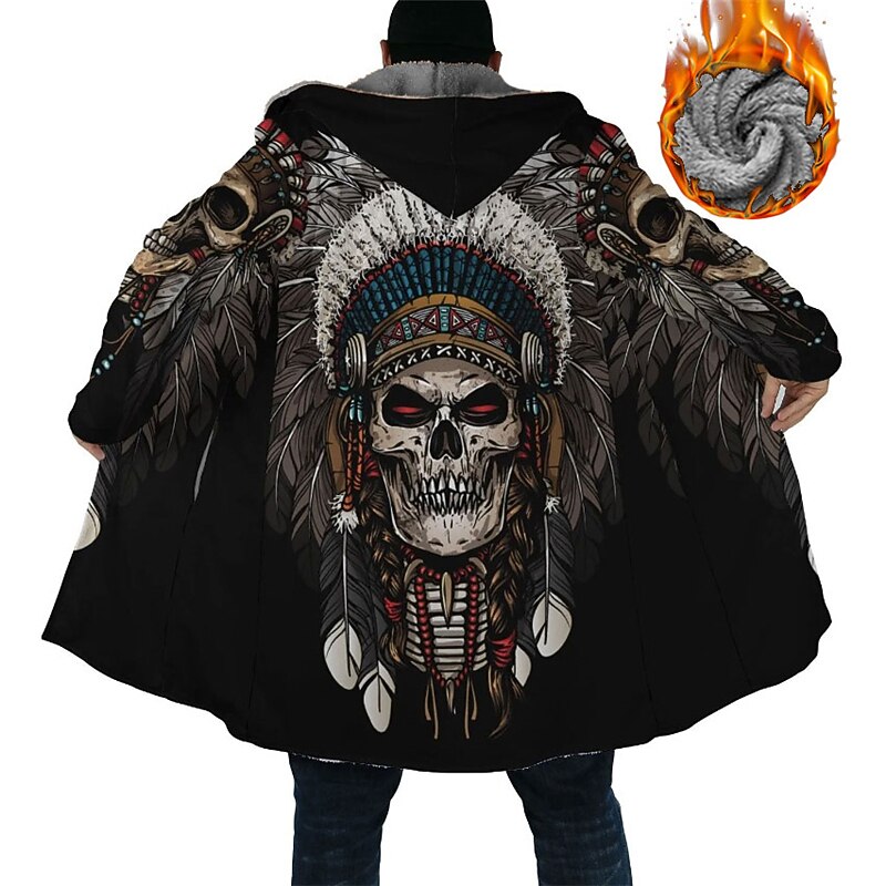 Men's Skull Indian Winter Coat Fleece Jacket Coat Warm Comfortable Breathable Streetwear Ethnic Style Vintage Style Sports & Outdoor Daily Wear Going out Zipper Pocket Print Fall & Winter Hoodie Long