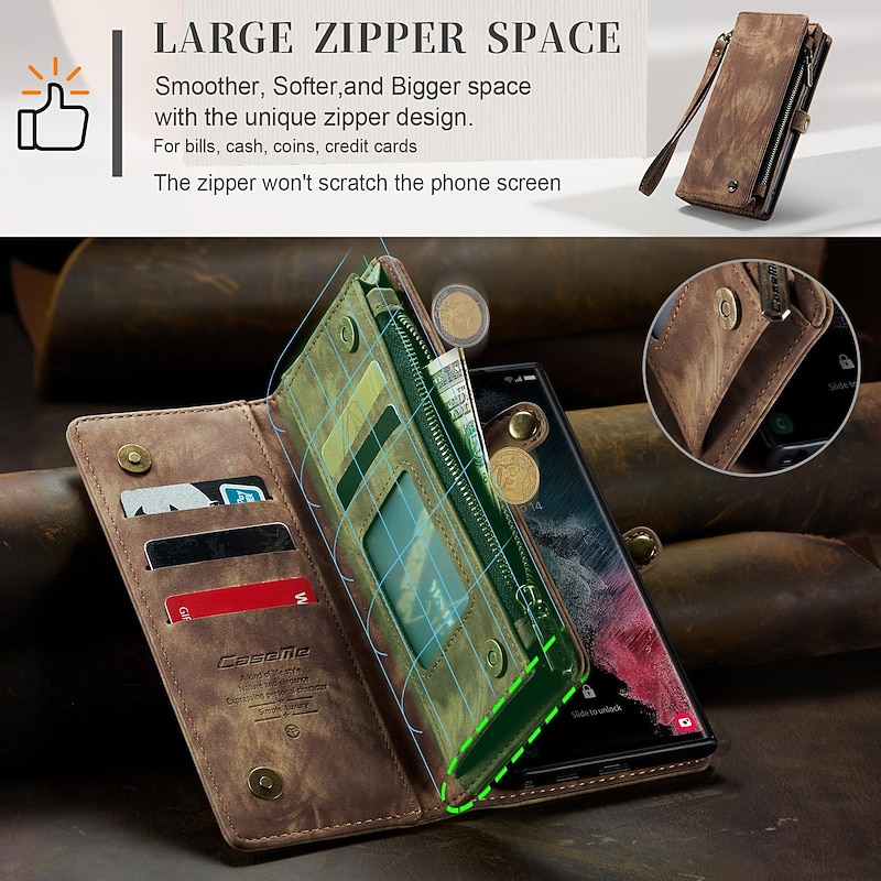 Phone Case For Samsung Galaxy S25 S25 Edge S24 S23 S23 FE S22 S21 Ultra Plus A56 A36 A16 Wallet Case Zipper Kickstand Shockproof PU Leather4