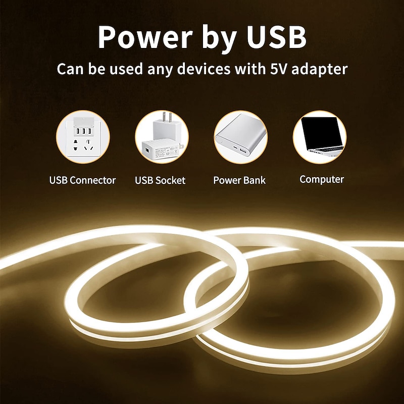 2M 6.56ft LED Neon Strip Lights USB Flexible with IP65 Waterproof Warm White Pink Yellow Green Red Color Temperature for Indoor and Outdoor Christmas Wedding Decoration3