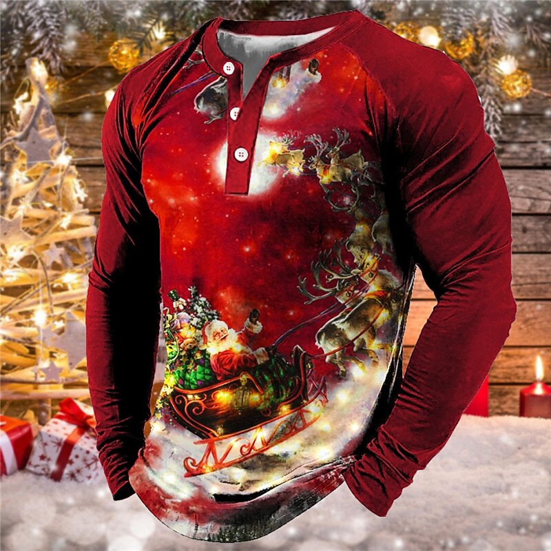 Christmas Men's Santa Claus Henley T Shirt Henley Tee Tee Graphic Santa Claus Henley Sea Blue Green Black Blue Purple 3D Print Outdoor Long Sleeve Patchwork Button-Down Clothing Apparel Basic3