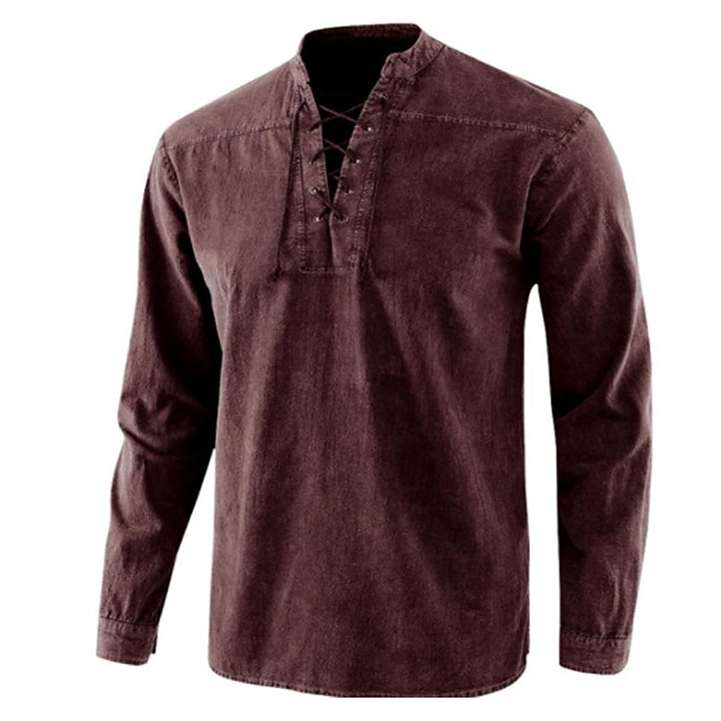 Men's Shirt Summer Shirt Band Collar Shirt Black Light Green Army Green Red Navy Blue Long Sleeve Plain Standing Collar Casual Daily Lace up Clothing Apparel Denim Fashion Streetwear Classic3