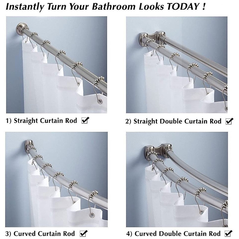 12 pcs Stainless Steel Curtain Hooks Bath Curtain Rollerball Shower Curtain Rings Hooks 5 Rollers Polished Satin Nickel Ball2