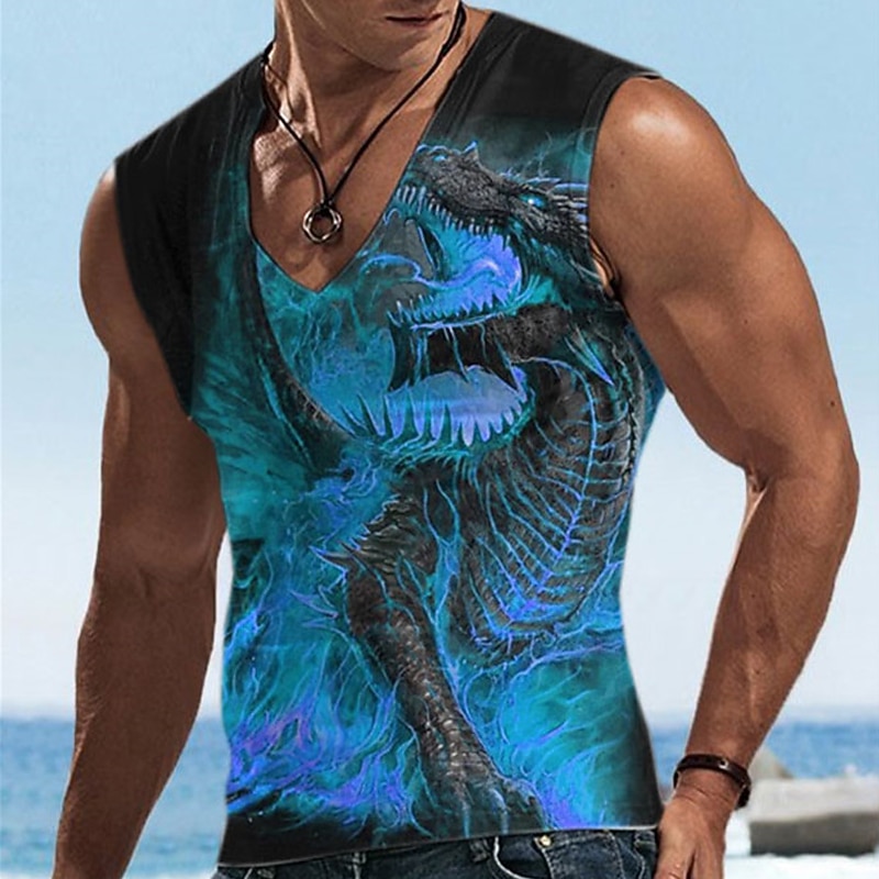 Men's Graphic Animal Dragon Vest Top Sleeveless T shirt 3D Print V Neck Shirt Designer Casual Comfortable Vacation Daily Going out Yellow Blue Sky Blue Spring & Summer Clothing Apparel S M L XL 2XL2