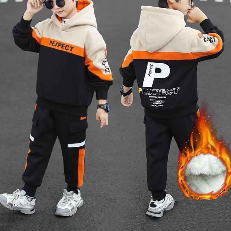 2 Pieces Kids Boys Hoodie & Pants Outfit Letter Long Sleeve Set Casual Fashion Cool Winter Fall 7-13 Years Blue Beige
