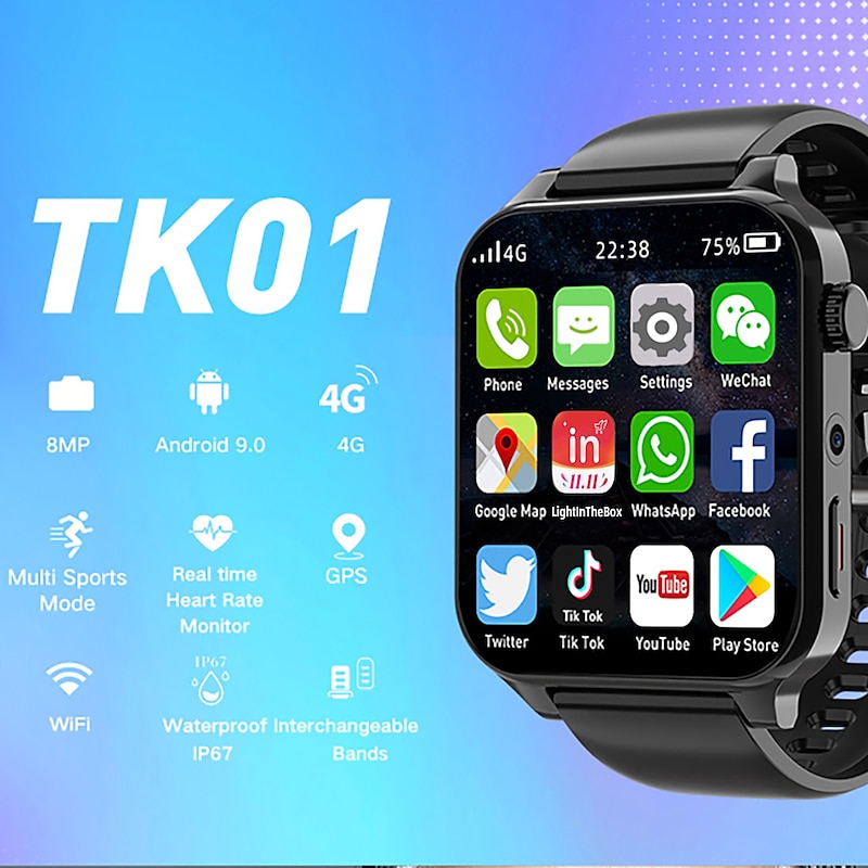 696 TK01 Smart Watch 1.99 inch 4G LTE Cellular Smartwatch Phone Bluetooth 4G Pedometer Call Reminder Sleep Tracker Compatible with Android iOS Men GPS Hands-Free Calls with Camera IP 67 31mm Watch
