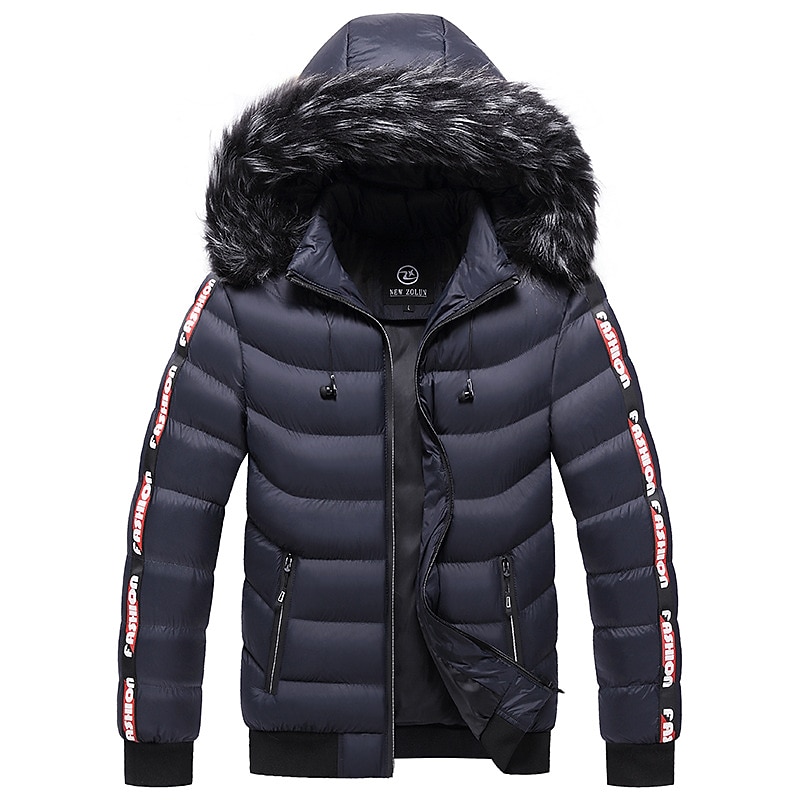 Men's Puffer Jacket Quilted Jacket Cardigan Parka Fur Trim Zipper Pocket Vacation Going out Casual Daily Warm Outdoor Casual Winter Letter Matte Black Black Yellow Red Puffer Jacket