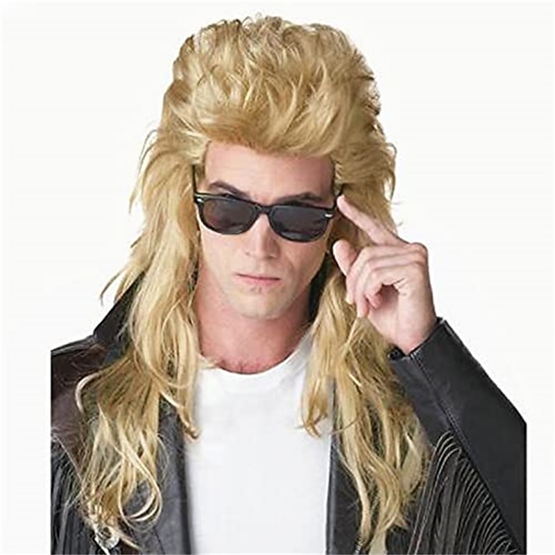 Mullet Wig for Men 70s 80s Costume Fancy Party Wig Long Blonde Curly Punk Rocker Wig Synthetic Costumes Wigs for Male Guys
