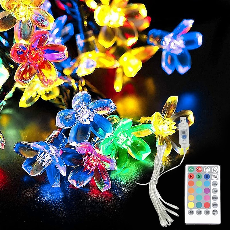 Cherry Blossom String Lights Flower Lights 10M 60Leds 16 Color Full-color Switching Remote Control Christmas Light String Romantic Cherry Silicone Lamp Holiday