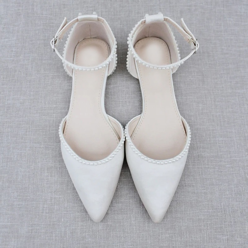 Women's White Pearl-Embellished Pointed Toe Flat Shoes with Ankle Strap - Perfect for Weddings and Formal Occasions3