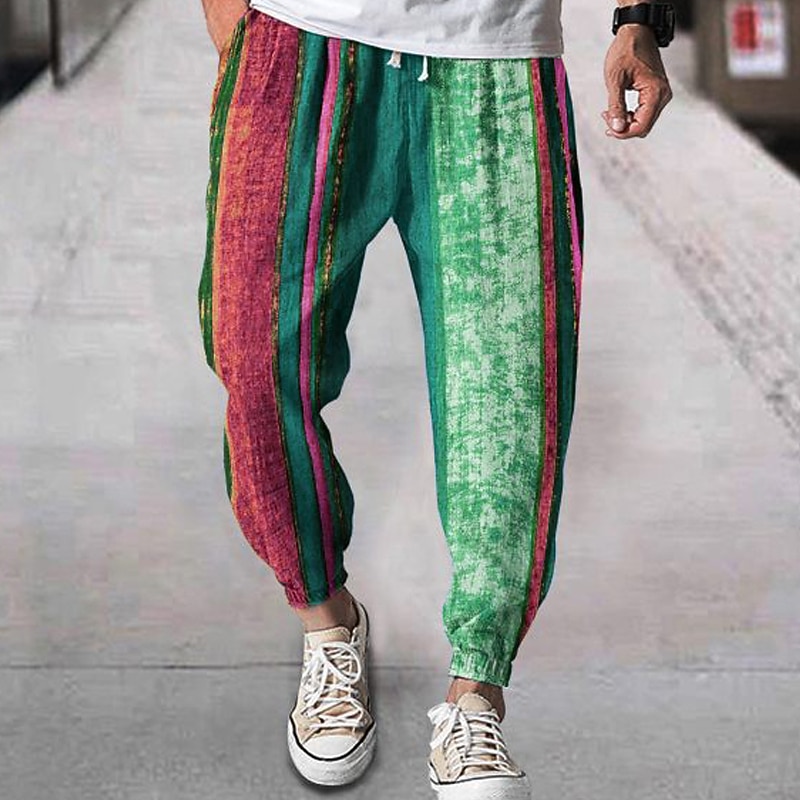 Men's Joggers Trousers Summer Pants Beach Pants Drawstring Elastic Waist Graphic Stripe Comfort Breathable Daily Beach Fashion Simple Purple Green Micro-elastic3