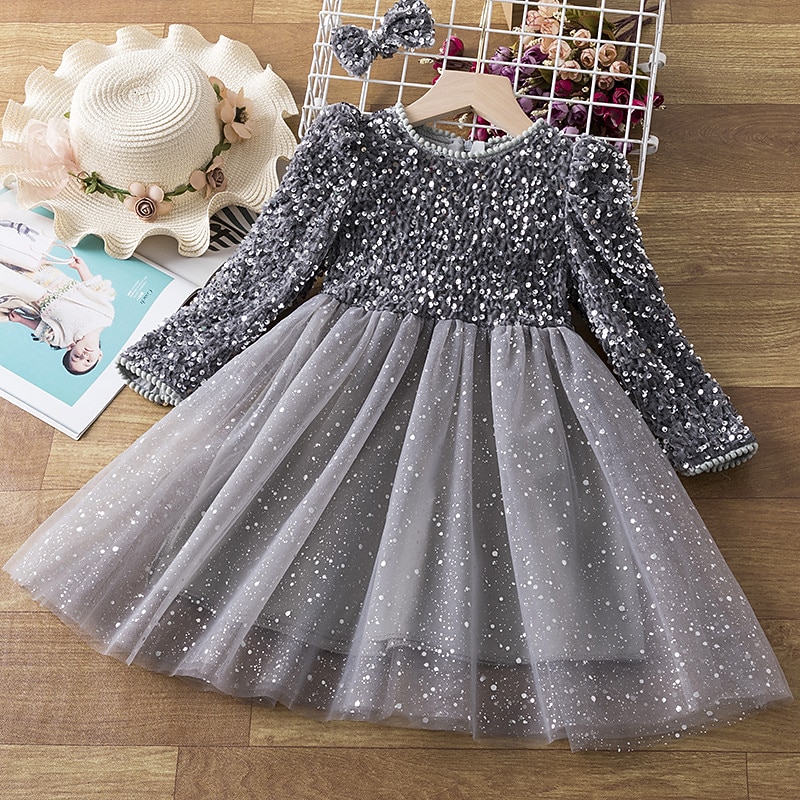 Toddler Girls' Party Dress Solid Color Long Sleeve Performance Sequins Mesh Cute Princess Polyester Knee-length Tulle Dress Summer Spring 3-7 Years Red Gray2