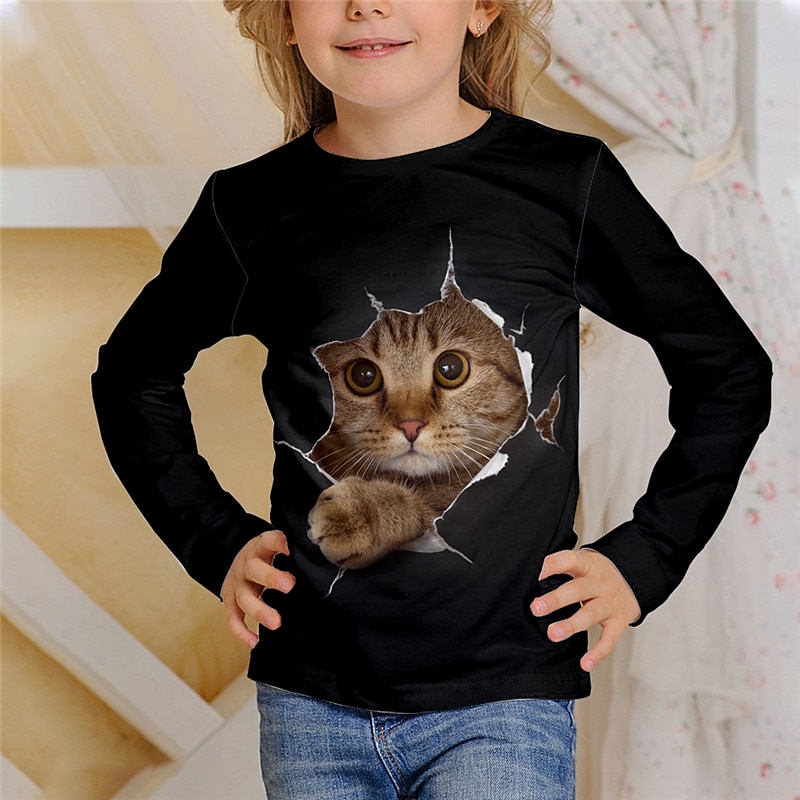 Kids Girls' T shirt Animal Casual 3D Printing Long Sleeve Crewneck Cute 7-13 Years Fall Black White Ivory3