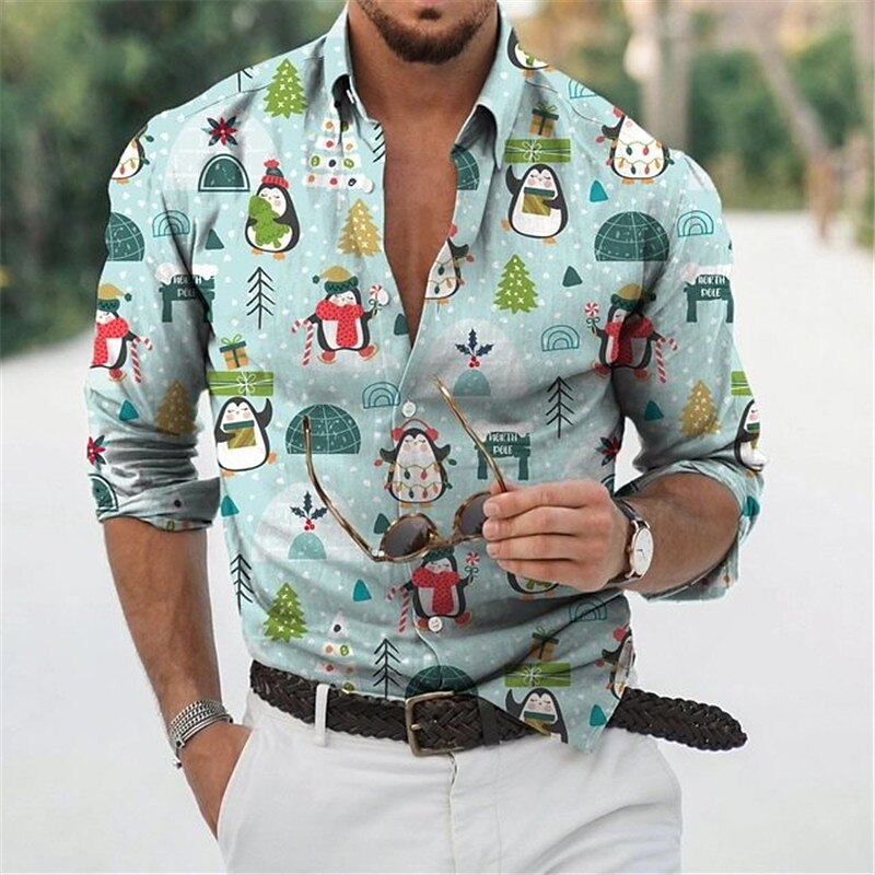 Christmas Men's Christmas Scene Printed Shirts Shirts Cat Snowman Graphic Prints Penguin Turndown Green Gray White 3D Print Street Long Sleeve Button-Down Print Clothing Apparel Fashion Designer2