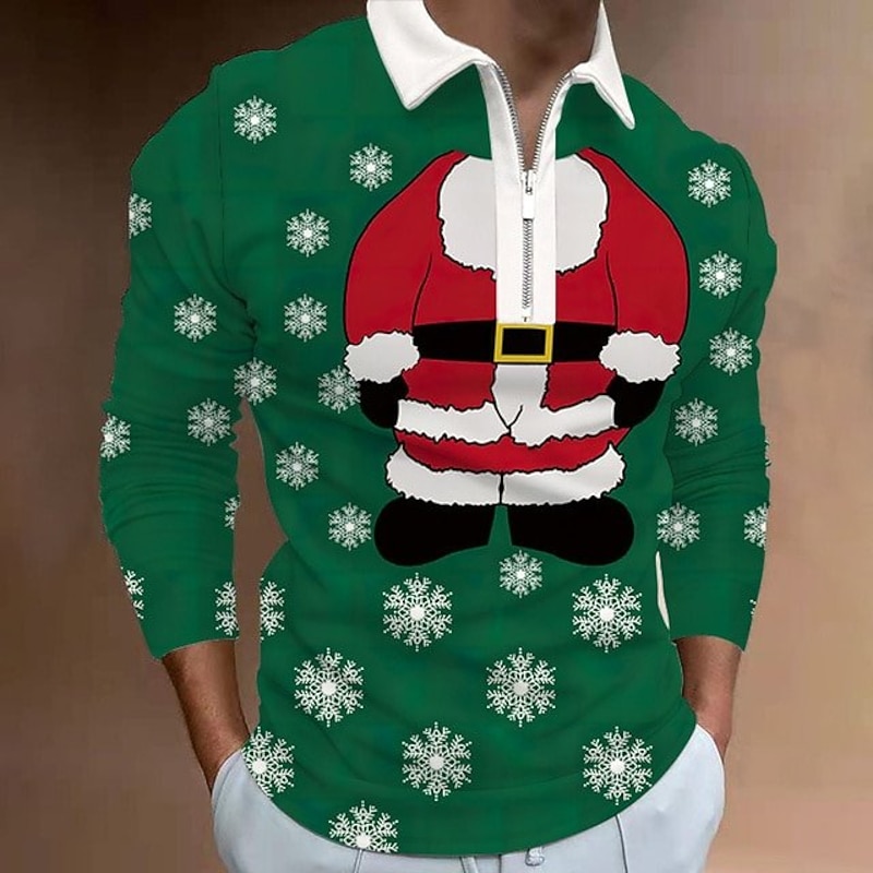 Christmas Men's Santa Claus 3D Zipper Polo Golf Santa Claus Turndown Wine White+Red Red+Army Green+White Black White 3D Print Street Casual Long Sleeve Zipper Print Clothing Apparel Fashion Designer3