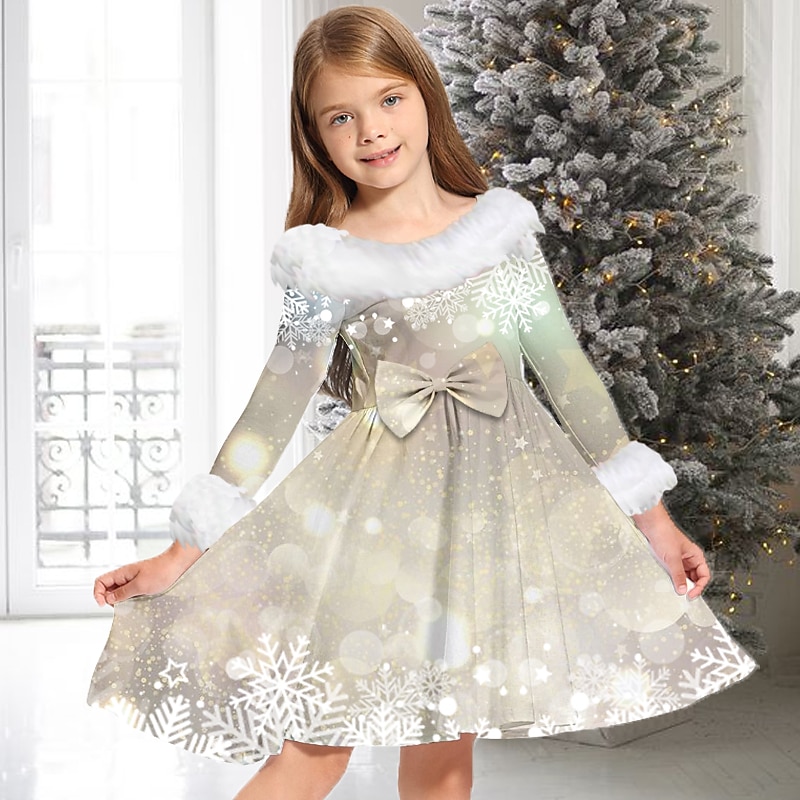 Kids Girls' Christmas Dress Dress Snowflake Dress Snowflake Long Sleeve Casual Fur Trim Crewneck Adorable Daily Polyester Above Knee Casual Dress Swing Dress A Line Dress Fall Winter 2-13 Years2