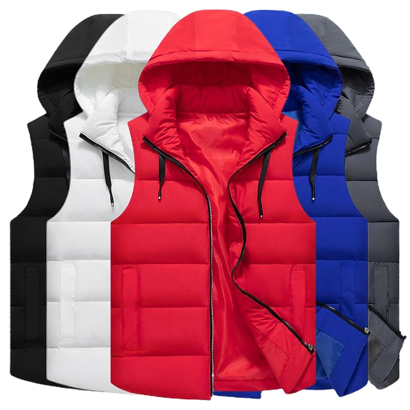 Men's Puffer Vest Thermal Warm Breathable Lightweight Winter Autumn / Fall Solid Color Black White Red Blue Puffer Jacket