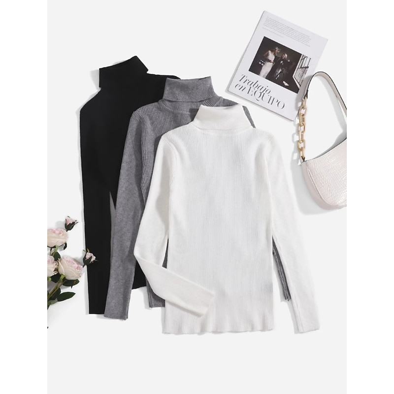 Women's Pullover Sweater Jumper Basic Casual Solid Color Ribbed Turtleneck Knitted Thin Long Sleeve Knit Daily Black+White+Gray Black+Apricot+Brown Fall Winter2