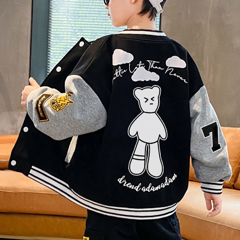 Kids Boys' Baseball Jackets Outerwear Cartoon Letter Long Sleeve Coat Outdoor Cotton Fashion Cool Black Fall Winter 7-13 Years3