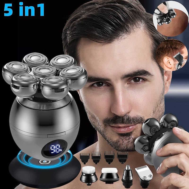 6 In 1 Electric Head Shaver for Bald Men 7D Floating Cutter Beard Trimmer Clipper IP68 Waterproof Shaving USB Wireless Charging Christmas Gift4