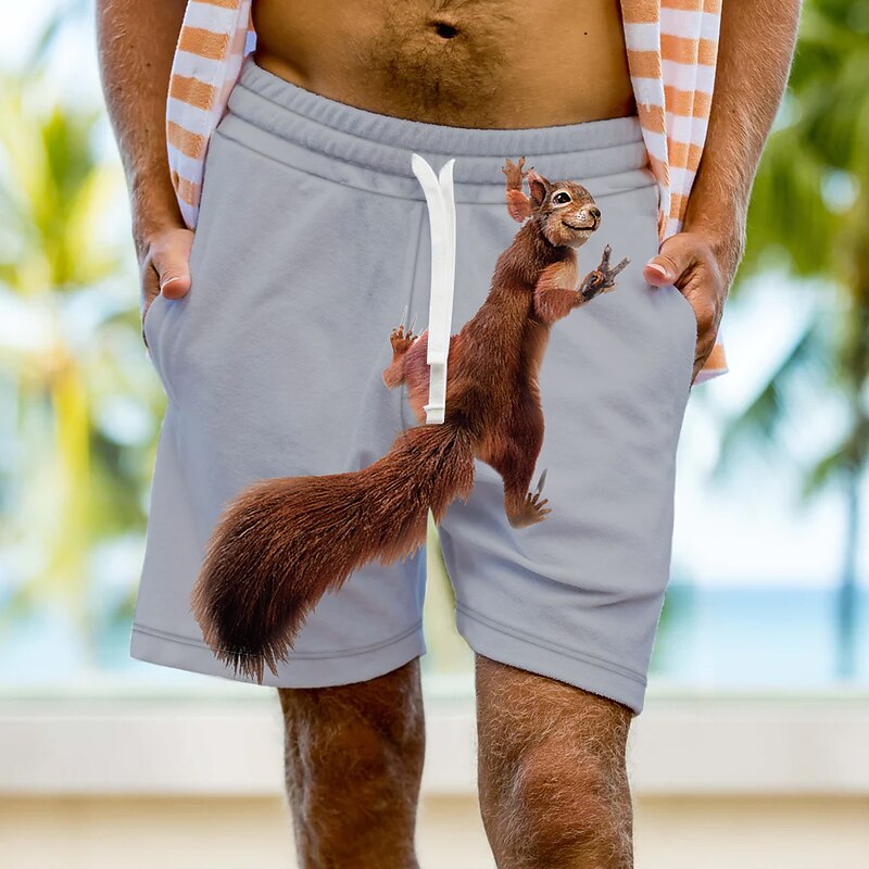 Men's Graphic Animal Squirrel Sweat Shorts Beach Shorts Terry Shorts Mid Waist Sports Designer Classic Style Casual Daily Holiday Drawstring Elastic Waist 3D Print Designer Clothing Apparel