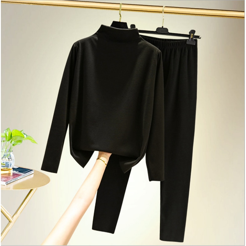Women's T shirt Tee Undershirt Pants Sets Bottoming Shirt Casual Daily Basic Long Sleeve Crew Neck Turtleneck Black Fall & Winter Home Outfits4