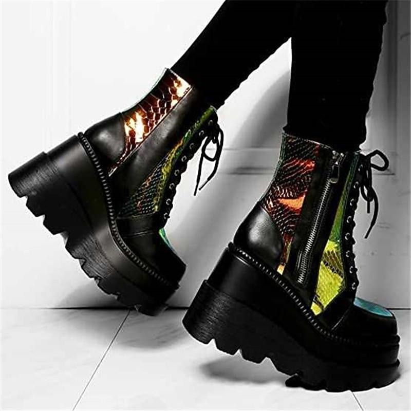 Women's Holographic Snake - Print Platform Ankle Boots, Edgy Punk Goth Style with Chunky Heel & Side Zipper, Perfect for Night Out & Festival Looks2