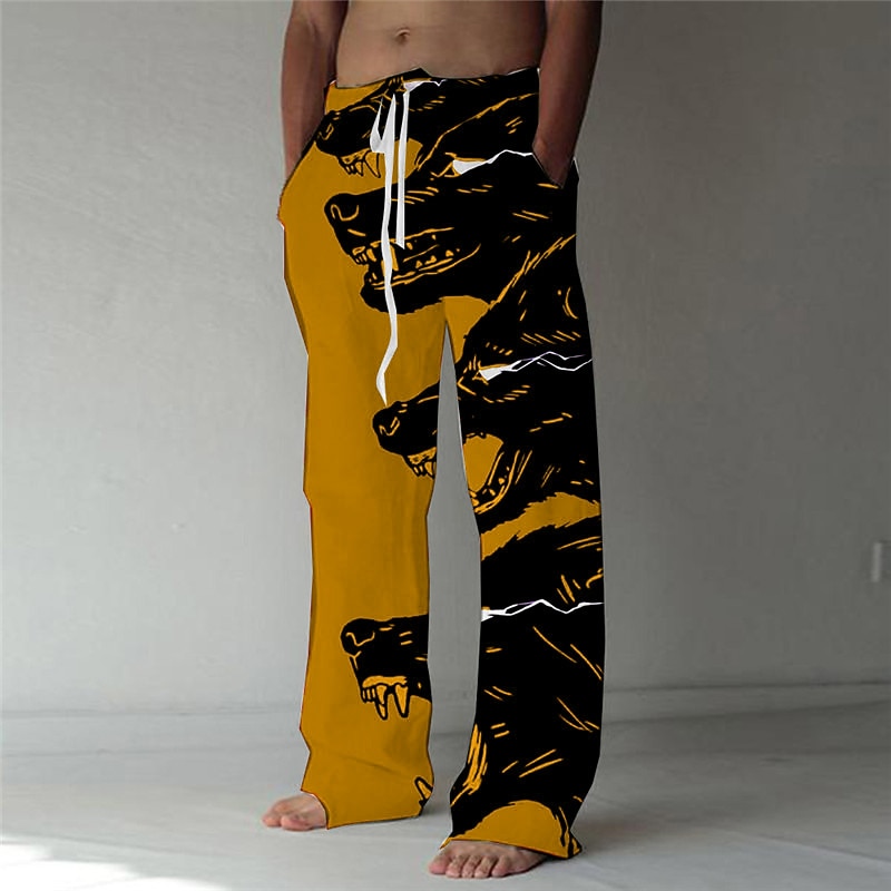 Men's Trousers Summer Pants Beach Pants Drawstring Elastic Waist Front Pocket Wolf Graphic Prints Comfort Soft Casual Daily Fashion Designer Black Yellow3