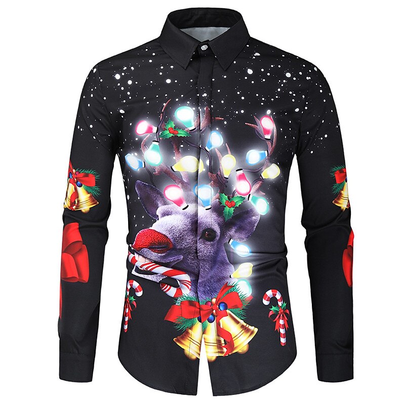 Christmas Men's Christmas animal Printed Shirts Shirts Santa Claus Elk Graphic Prints Turndown Black and Red Black / White Olive Green Green Black 3D Print Street Long Sleeve Button-Down Print