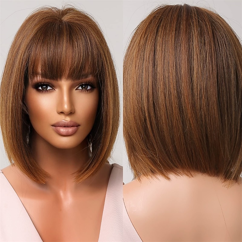 Brown Wigs for Women Short Bob Wigs with Bangs Synthetic Natural Hair Cute Cosplay Wig