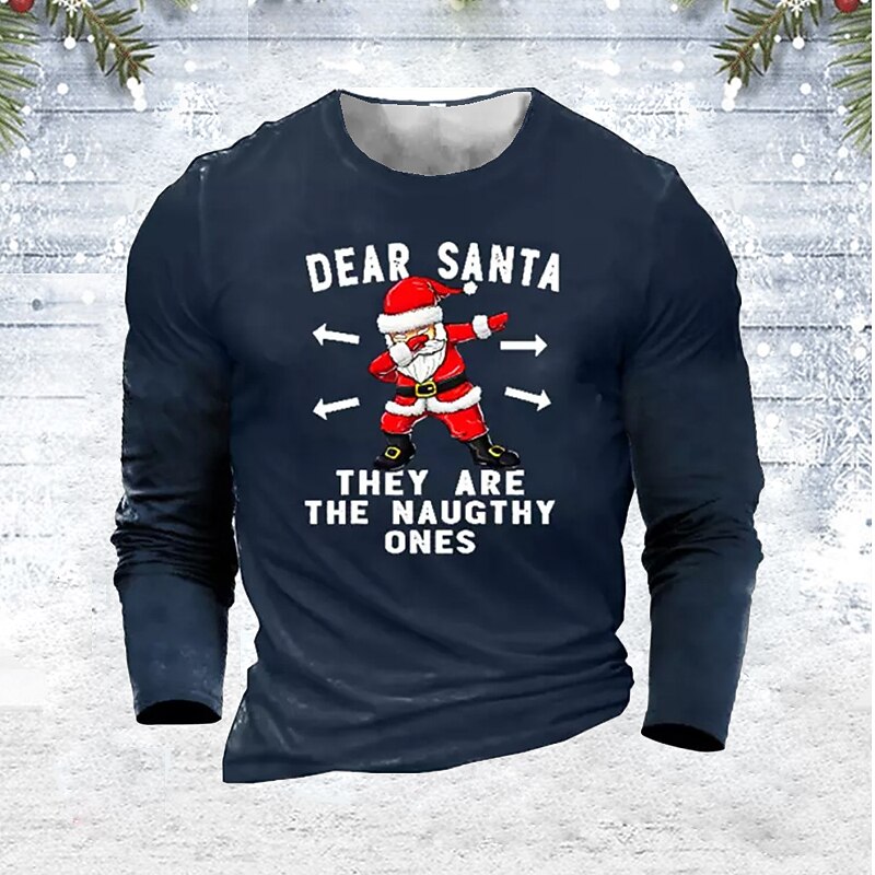 Men's Santa Claus Graphic Prints T Shirt Long Sleeve Shirt Crew Neck Christmas Outdoor 3D Print Black Army Green Navy Blue Gray Print Clothing Apparel Designer Basic Casual Merry and Bright4