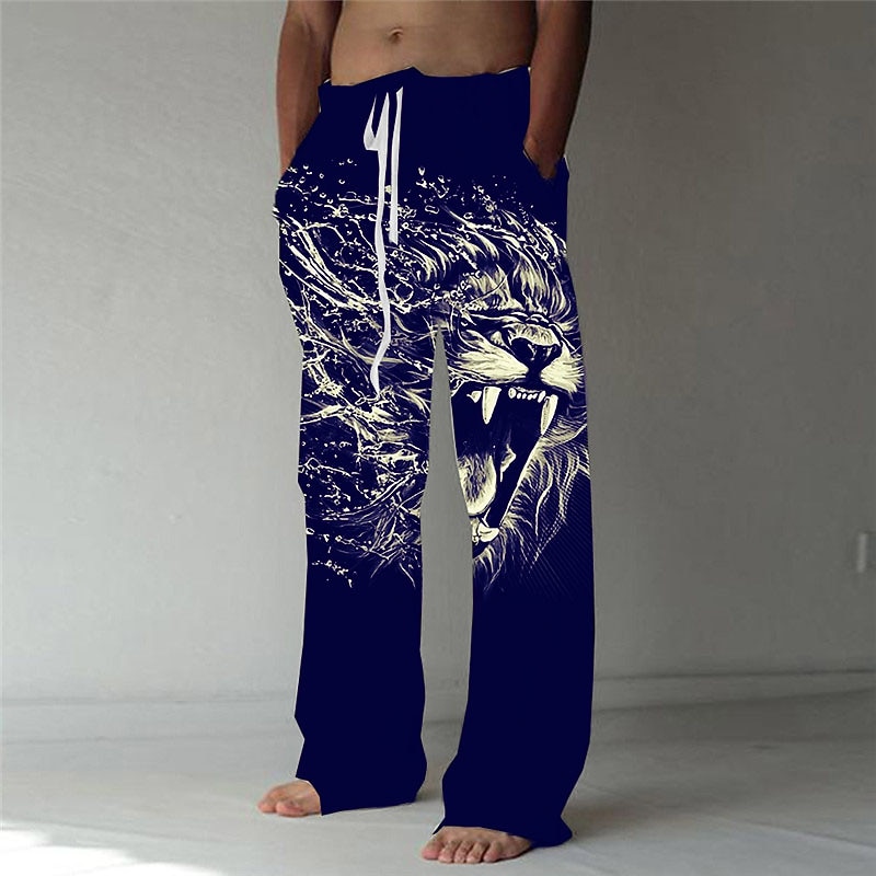 Men's Trousers Summer Pants Beach Pants Elastic Drawstring Design Front Pocket Straight Leg Animal Lion Graphic Prints Comfort Soft Casual Daily Fashion Designer Black Green2