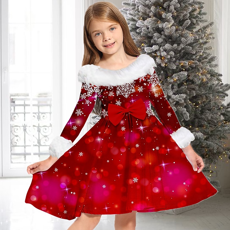 Kids Girls' Christmas Dress Dress Snowflake Dress Snowflake Long Sleeve Casual Fur Trim Crewneck Adorable Daily Polyester Above Knee Casual Dress Swing Dress A Line Dress Fall Winter 2-13 Years White2