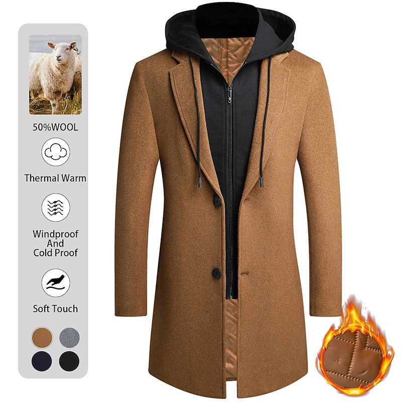Men's Winter Coat Wool Coat Overcoat Daily Wear Going out Winter Wool Thermal Warm Washable Outerwear Clothing Apparel Fashion Warm Ups Solid Colored Detachable Hood Hooded Single Breasted