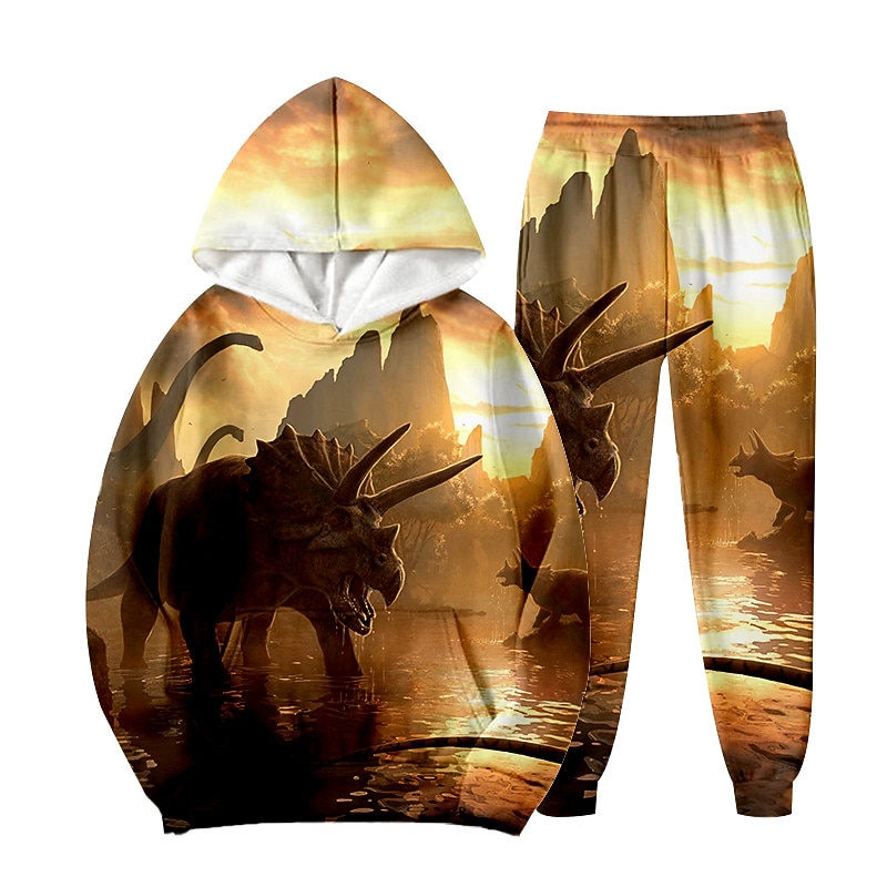 2 Pieces Kids Boys Hoodie & Pants Outfit Animal Dinosaur Long Sleeve Set Casual Cool Daily Winter Fall 7-13 Years Black Blue Orange2