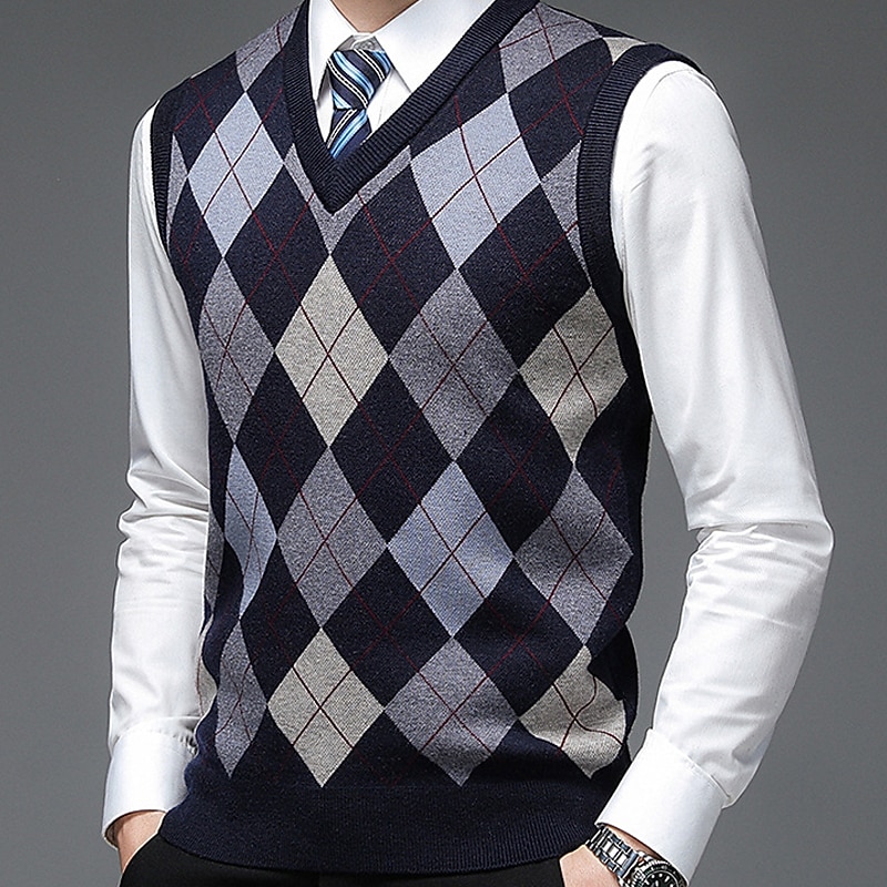 Men's Sweater Sweater Vest Mens Dress Sweaters Pullover Ribbed Knit Knitted Color Block V Neck Modern Contemporary Leisure Work Daily Wear Clothing Apparel Sleeveless Winter Spring &  Fall Camel Wine4