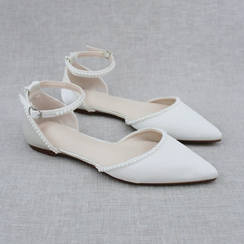 Women's White Pearl-Embellished Pointed Toe Flat Shoes with Ankle Strap - Perfect for Weddings and Formal Occasions