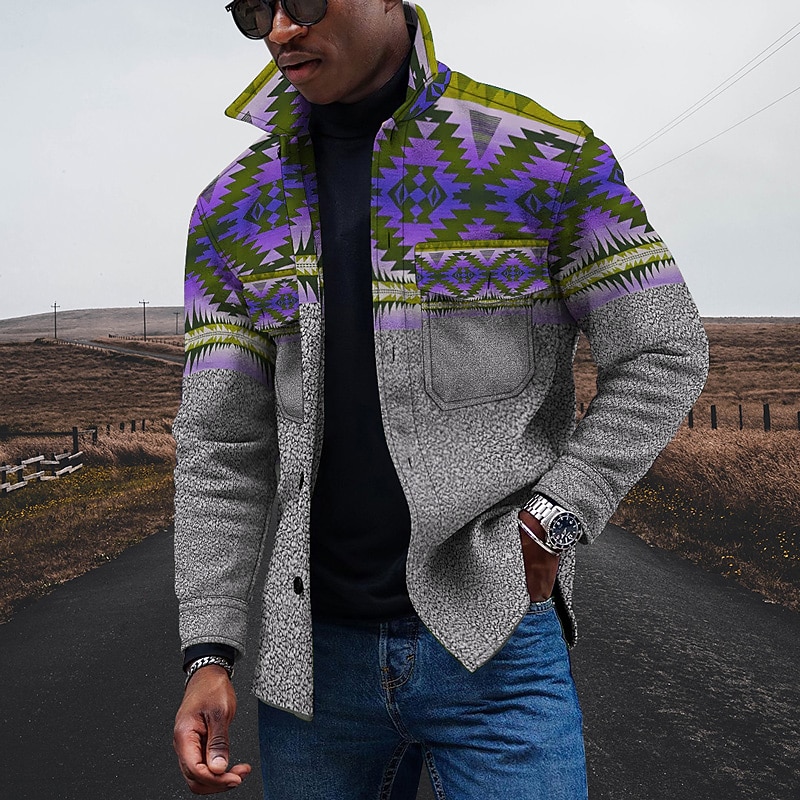 Men's Geometric Tribal Ethnic Collared Shirt Shirt Jacket Overshirt Long Sleeve Vintage Streetwear Ethnic Style Outdoor Daily Going out Summer Spring Turndown Pocket Print Yellow Pink Blue Purple4