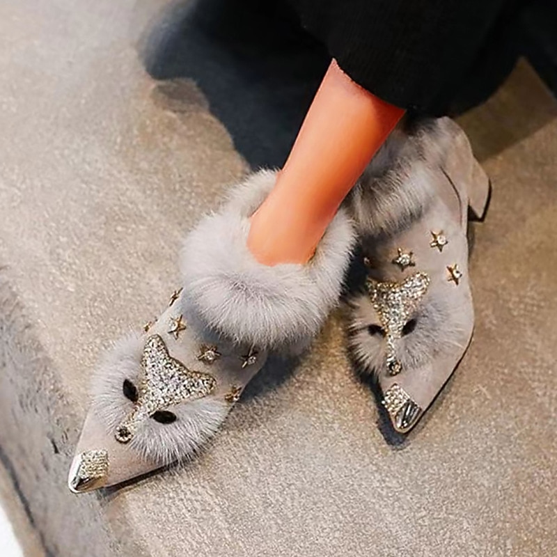 Women's Grey Fur-Trimmed Pointed-Toe Ankle Boots – Rhinestone Fox and Star Embellishments with Chunky Heels