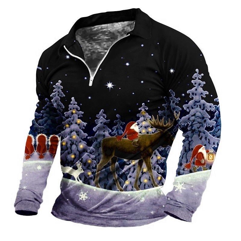 Christmas Men's Christmas Scene 3D Zipper Polo Golf Tree Santa Claus Graphic Prints Turndown White Pink Blue Purple Green 3D Print Street Long Sleeve Zipper Print Clothing Apparel Fashion Designer