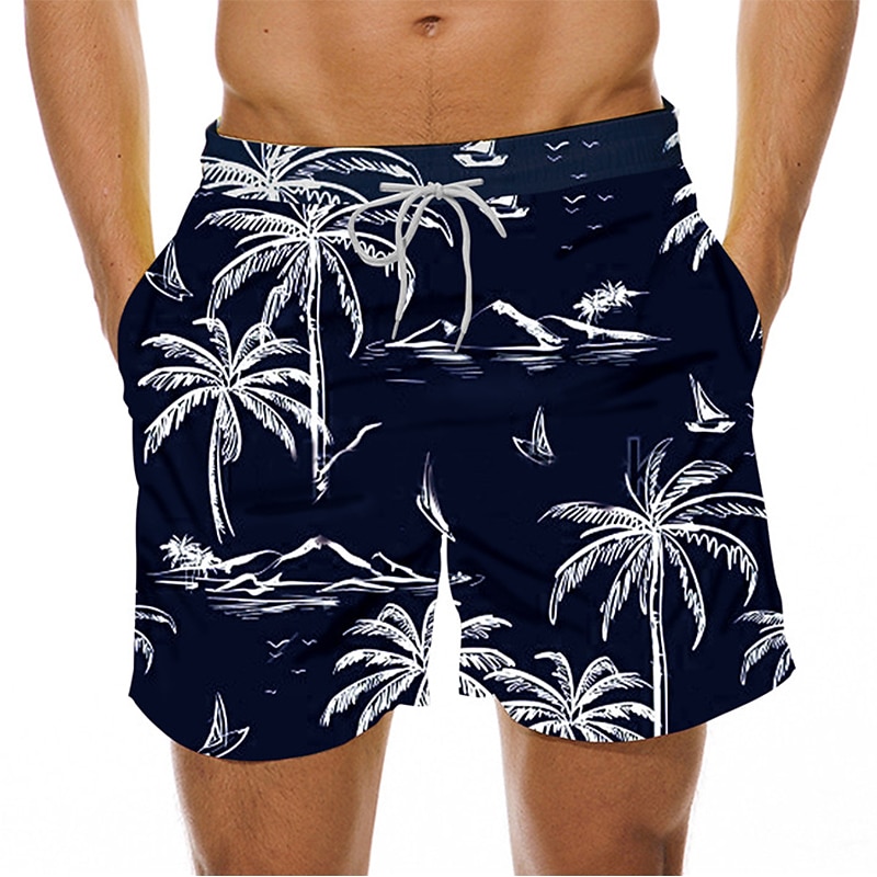 Men's Coconut Tree Print Graphic Prints Swim Trunks Swim Shorts Board Shorts Mid Waist Hawaiian Designer Casual / Sporty Holiday Beach Swimming Pool Drawstring with Mesh lining Elastic Waist Designer