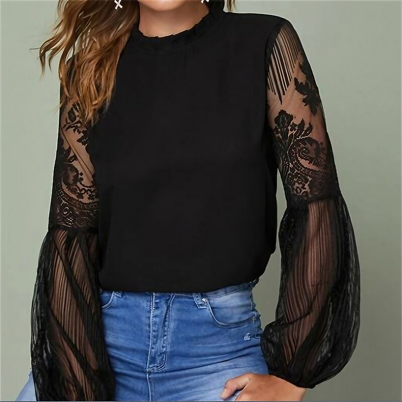 Women's Boho Shirt Lace Shirt Blouse Mesh Patchwork Top Solid / Plain Color Classic Lace Sweet Lantern Sleeve Party Daily Going out Embroidery Black Wine Dark Blue Spring &  Fall Fall & Winter